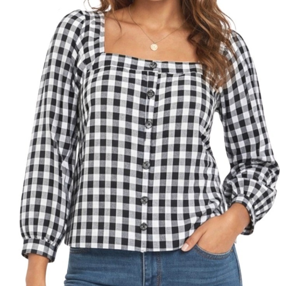 Sanctuary Womens NWT Gingham Square Neck Button Front Blouse Black White Size M‎